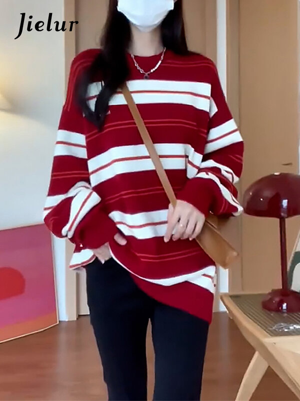 Jielur-jerseys Vintage Chic coreanos para mujer, jerséis de calle sueltos informales, Top de punto con cuello redondo de Color de contraste para mujer, Otoño, nuevo