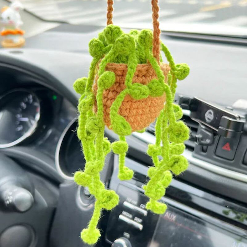 2023 New Car Hanging Hand-crocheted Hanging Orchid Potted Wool Pendant Car Rearview Mirror Creative Pendant