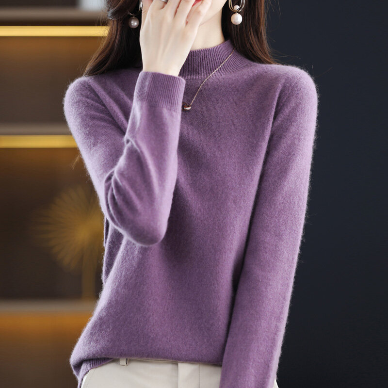 Camisola de malha de cashmere Merino para mulheres, pulôver de manga comprida, top elegante quente e exclusivo, gola meia alta, alta qualidade