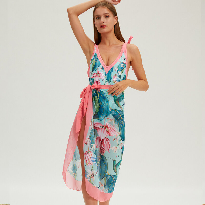 Pakaian renang wanita motif burung Retro musim panas pakaian pantai V dalam cantik satu potong baju renang mode baru 2024 pakaian renang