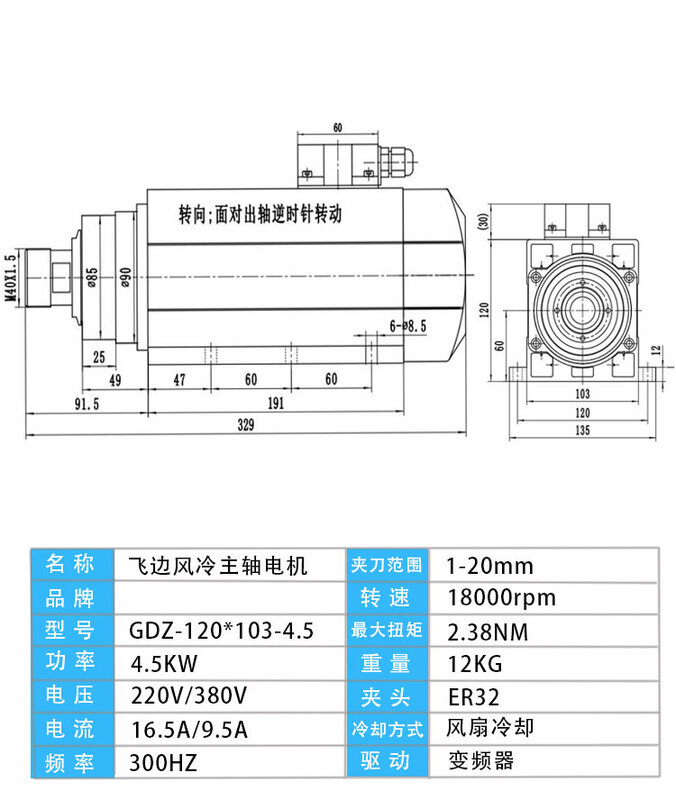 TULX-Moteur de broche de machine à graver ER11 ER20 ER, 1.5 KW, 2.2 KW, 3.5 KW, 4.5 KW, 220V, 380V