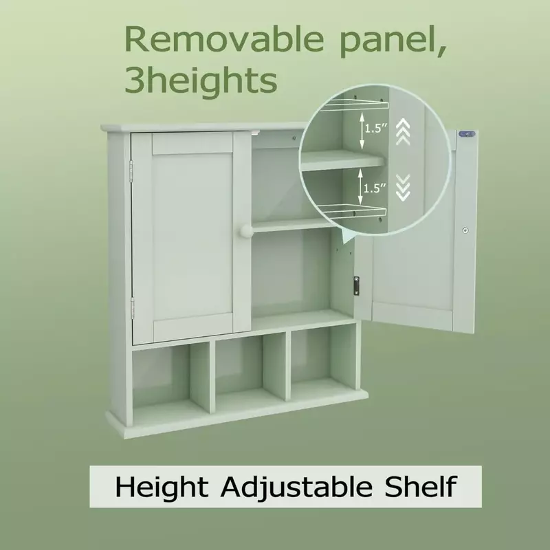 Armario de baño verde, armario de pared con estantes ajustables de 2 puertas, sobre el inodoro, armario de almacenamiento