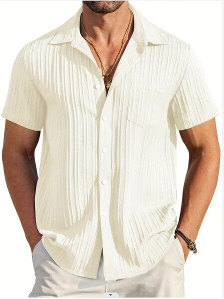 Camisa de manga corta para hombre, camisa informal ajustada con bolsillo a rayas, Color a juego, moda de verano, 2024
