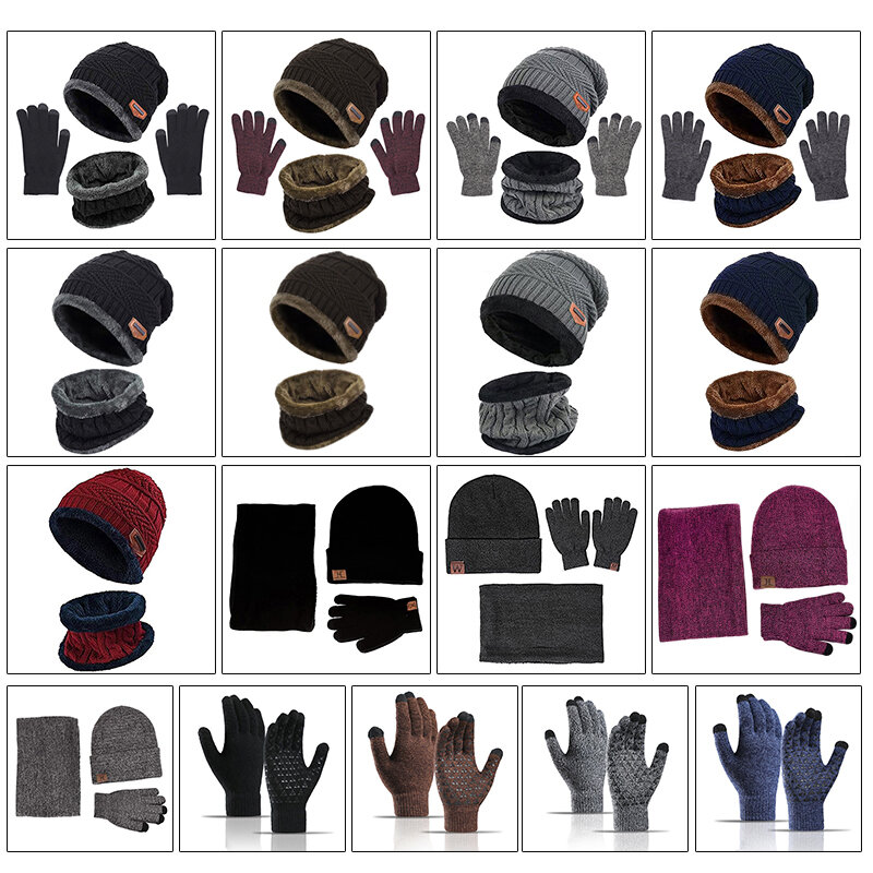 Inverno caldo berretto cappello sciarpa guanti Set Unisex inverno caldo berretto lavorato a maglia cappello collo guanto per uomo donna