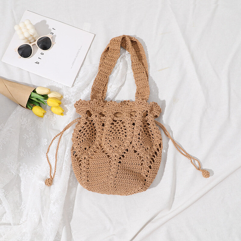 Fairy Flower Bucket Knitting Bag Hollow Out Cotton Thread Hand Woven Bag Seaside Holiday Beach Bag Leisure String Totes