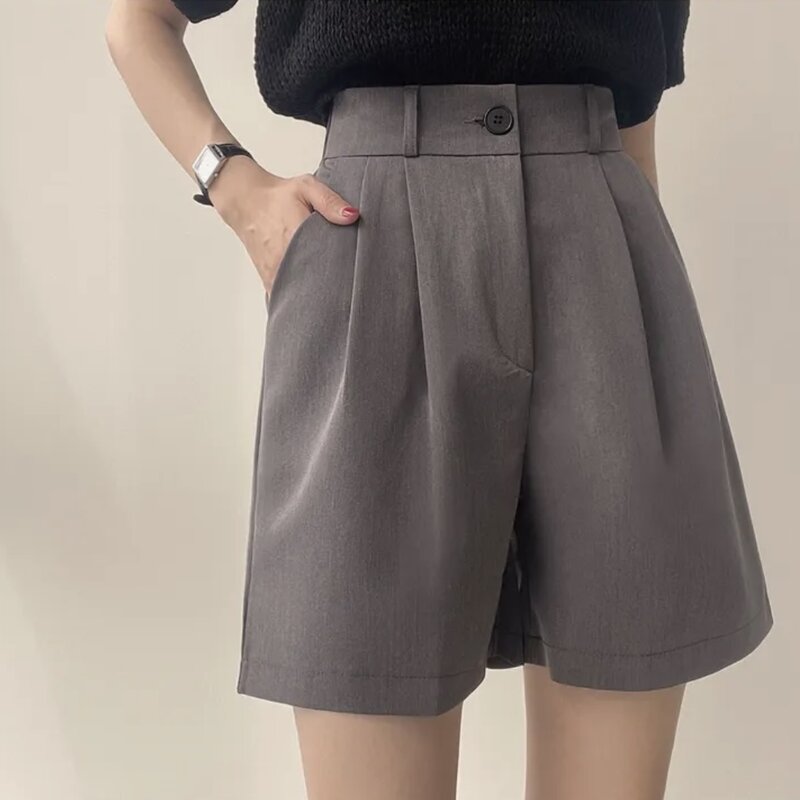 Elegant Office Shorts Loose Casual Ladies Wide Leg Short Elegant Female Straight Shorts 2024 Summer Korean High Waist N905