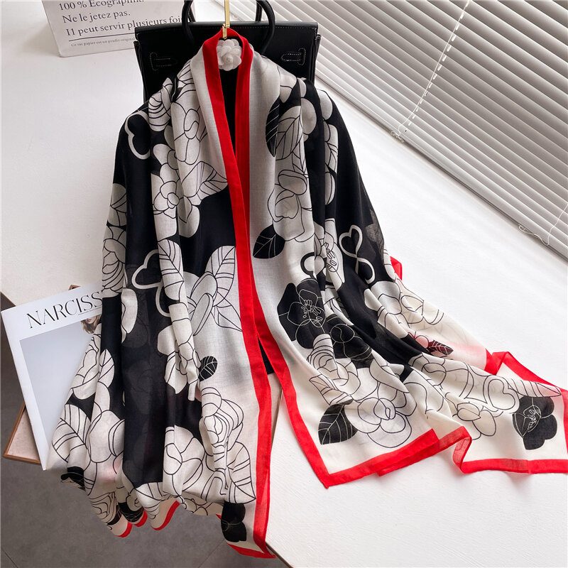 Kwiatowy Print bawełniany lniany szalik dla kobiet luksusowy zimowy ciepły szal Pashmina szal Wrap 180*90cm duży szal plażowy Bufanda hidżab 2022
