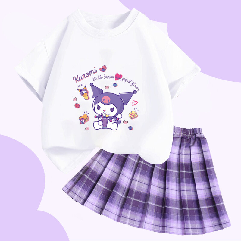 Sanrio Cinnamoroll-Conjunto de camiseta de estilo universitario para niñas, Falda corta Sanrio Kuromi My Melody, Tops de verano, conjunto de Falda plisada, regalo