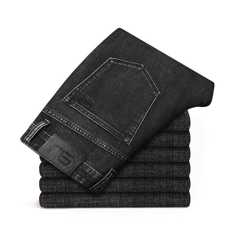 2023 jesienne nowe męskie bawełniane rozciągliwe dopasowanie jeansy proste wersja moda biznesowa spodnie dżinsowe Vintage niebieski spodnie markowe czarny