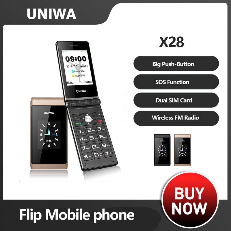 Uniwa X28 Grote Drukknop Telefoon Senior Flip Mobiele Telefoon Gsm Dual Sim Fm Radio Russische Hebreeuw Toetsenbord Clamshell Mobiele Telefoon