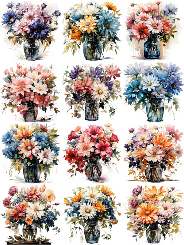 Autocollants fleurs sauvages dans le vase, étiquette scrapbooking artisanale, décoratif, pour album junk journal, DIY bricolage, 12 pièces/paquet