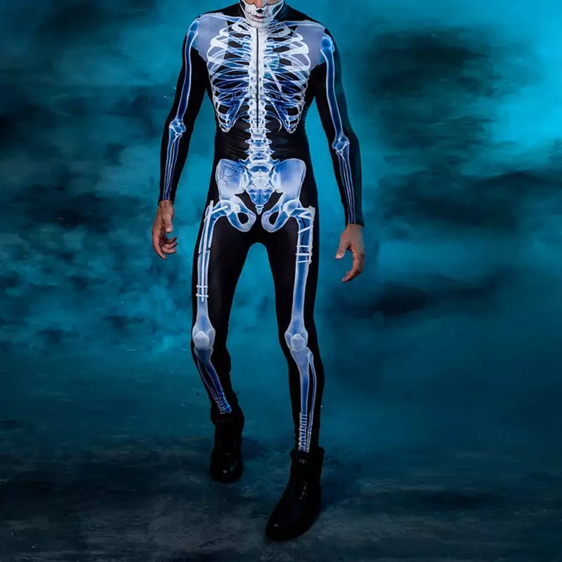 VIPFASHION Men X-Ray szkielet kostium impreza z okazji Halloween garnitur męski zabawny Zentai body z długim rękawem na zamek błyskawiczny odzież