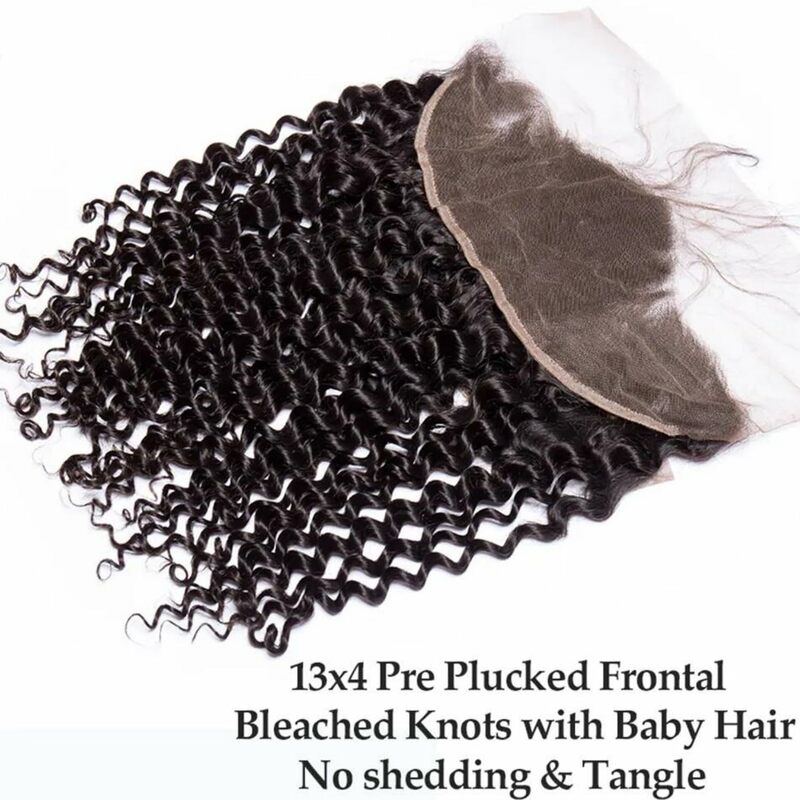 Deep Wave Bundles with Closure Human Hair 100% Brazilian Virgin Remy Hair 3 Bundles and 13x4 HD Lace Closure with Baby Hair #1B