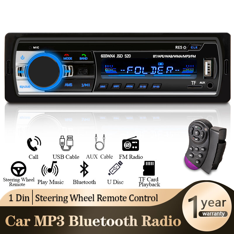 차량용 디지털 블루투스 MP3 플레이어, 1 din 스테레오 오디오 음악, USB SD, 60 Wx4 FM 라디오, 대시보드 내 AUX 입력