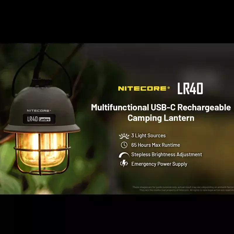 NITECORE LR40 USB-C 충전식 캠핑 랜턴, 100 루멘, 런타임 65 시간, 3 광원