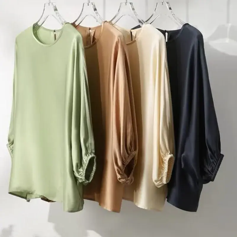 Elegant Summer Batwing Sleeve Silk Satin Shirt Korean Fashion O-Neck Shirt Office Lady Solid Color Tops Loose Clothes 27195