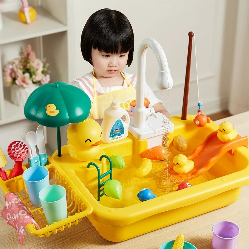 Bambini cucina lavello giocattoli lavastoviglie elettrica che gioca giocattolo con acqua corrente finta gioca cibo pesca giocattolo gioco di ruolo regalo per ragazze