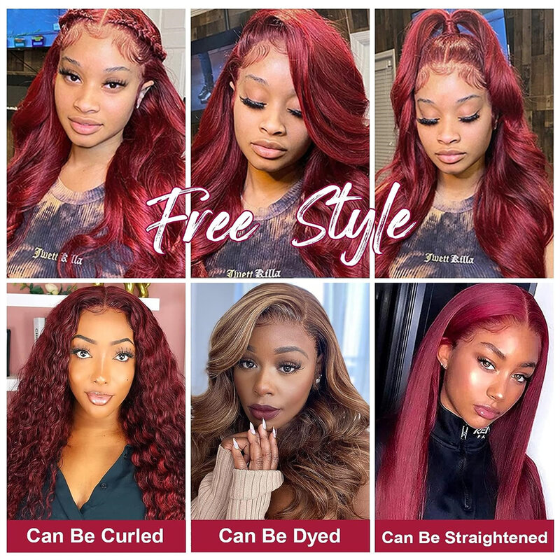Perruque Lace Front Wig Body Wave Naturelle, Cheveux Humains, Couleur Rouge Bordeaux 99J, 13x6 HD, 13x4, 30 32 34 Pouces, 180%