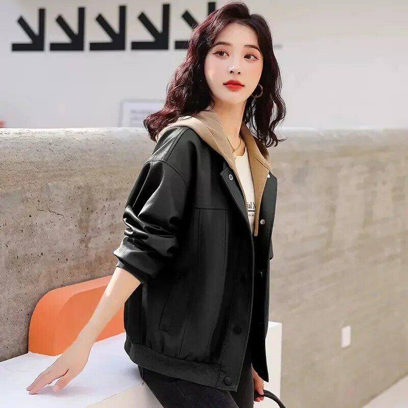Women's Temperament Korean Solid Color Leather Jacket Spring Female New Loose Casual Baseball Uniform PU Leather Jacket Cardigan