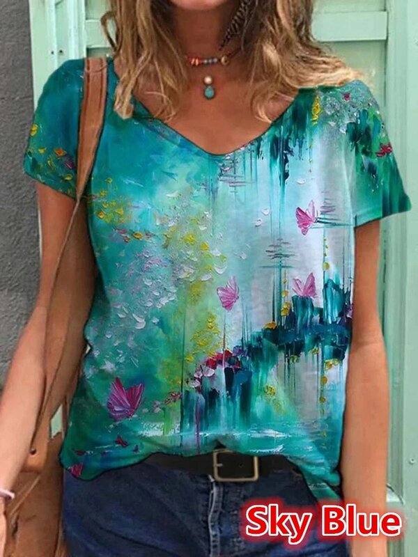 2023 Women Abstract Flower Print Short Sleeve T-Shirts Summer New Fashion Lady V-Neck Loose Cotton Tops S-5XL Shirts