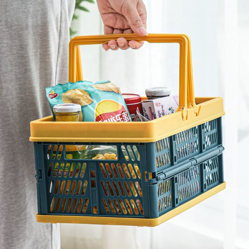 Plastic Food Containers Grocery Shopping Baskets Fruit Vegetable Snacks Boxes With Handles Folding Outdoor Picnic Storage Basket