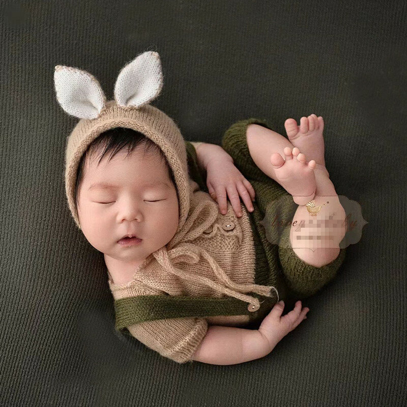 신생아 사진 의상 토끼 롬퍼 니트 아기 토끼 점프슈트, 아기 사진 촬영 액세서리