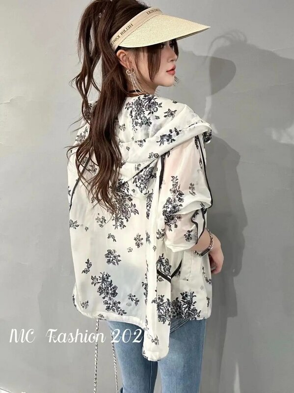 Hooded Jackets Women Sheer Sun-proof Leisure Thin Print Daily Summer All-match Loose Retro Chinese Style Design Ladies Stylish