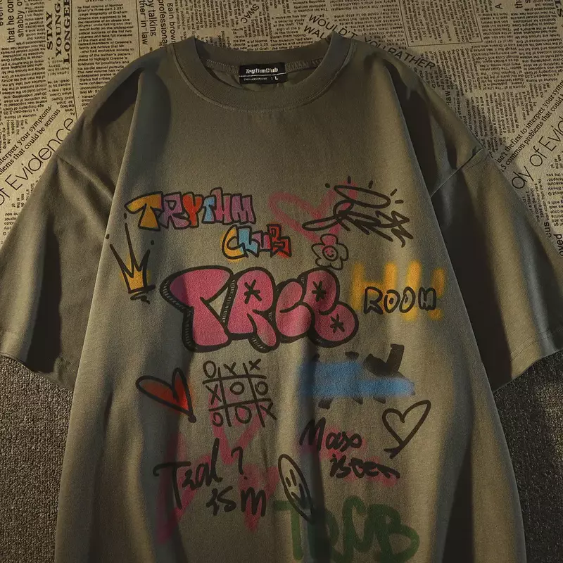 Camiseta de manga corta con estampado de Graffiti vintage americano para hombres y mujeres, ropa gótica coreana holgada de gran tamaño, top y2k, Verano