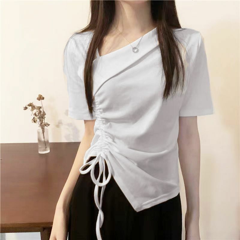 Curto feminino manga assimétrica Drawstring Design Crop Tops, camiseta chique coreana, decote em v, emagrecimento irregular, elegante, verão