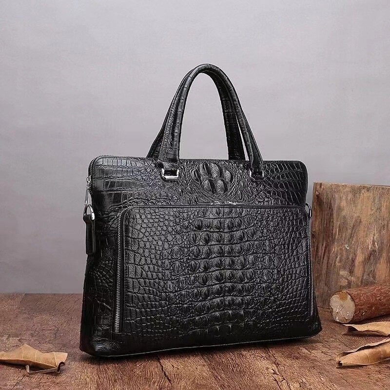 Malas de couro genuíno para homens, padrão crocodilo, bolsa com zíper duplo, bolsa para laptop de luxo, bolsa de ombro