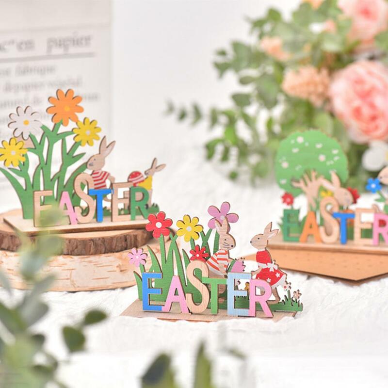 Adorno de Pascua de madera con forma de conejo, decoración Floral con letras, colores ricos, obra de arte artesanal, decoración de escritorio, regalo, utilería para fotos, 18x10cm