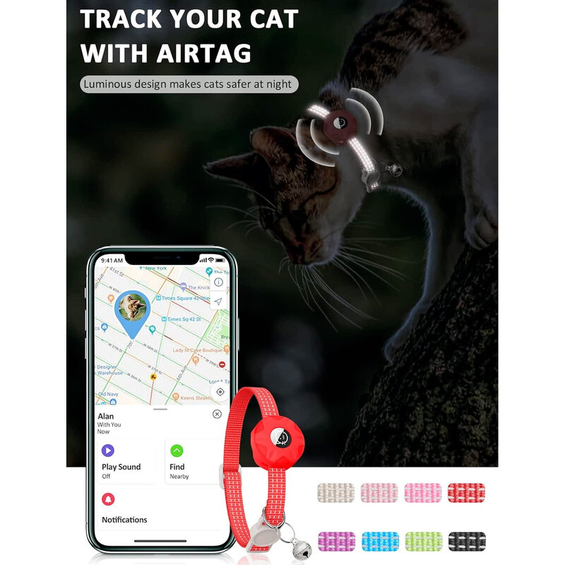 Anti-Lost Pet Cat Collar for Apple Airtag,Safety Protective Tracker Positioning Collars with Reflective and Airtag Holder gatos