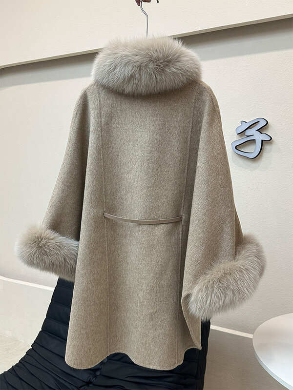 Mantel ponco kasmir dua sisi wanita, mantel wol kerah bulu rubah asli mantel panjang musim gugur dan musim dingin mewah