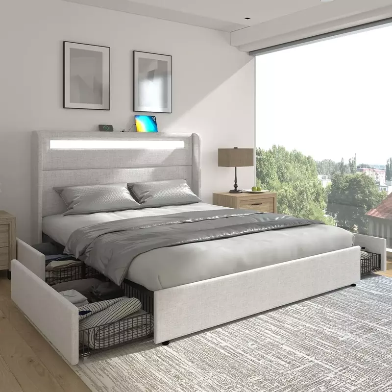 Full/Queen/King LED Bed Frame with Wingback Headboard & 4 Storage Drawers, Upholstered Platform Bed with USB & USB-C Ports