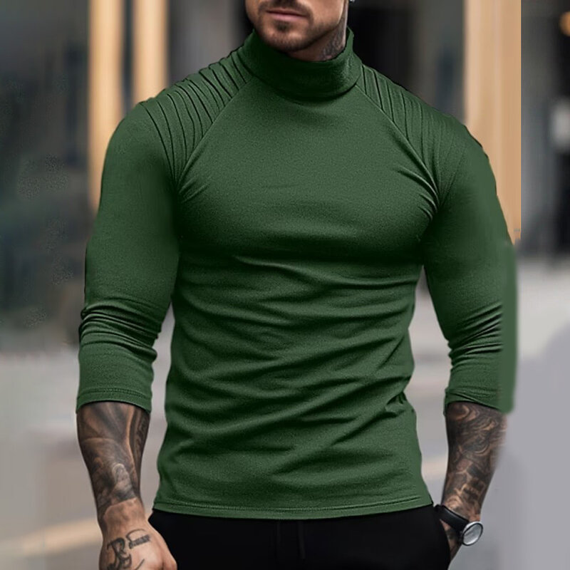 Mens T-Shirt Slight Stretch Slim Fit Solid Color Casual Fashion Fitness Shirts Fold T-Shirts High Collar Long Sleeve