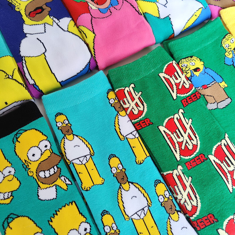 Chaussettes unisexes drôles de dessin animé Simpsons pour hommes, impression Hip Hop, nouveauté Elin Sokken, planche à roulettes confortable, Happy Meias