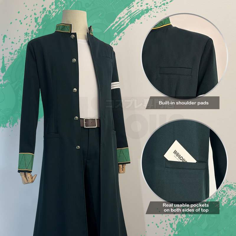 Fato Cosplay Anime HOLOUN, Hajime Umimiya, casaco longo verde, calça uniforme, camiseta branca e cinto, quebra-vento