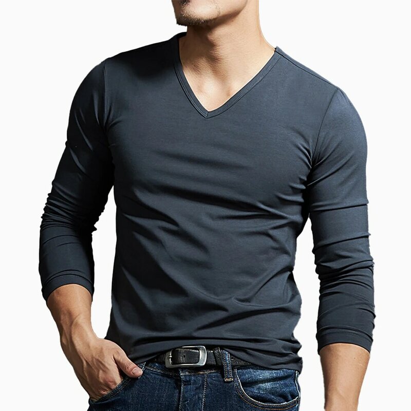Camiseta interior de manga larga para hombre, Jersey ajustado informal con cuello en V, cómodo, a la moda, para primavera e invierno