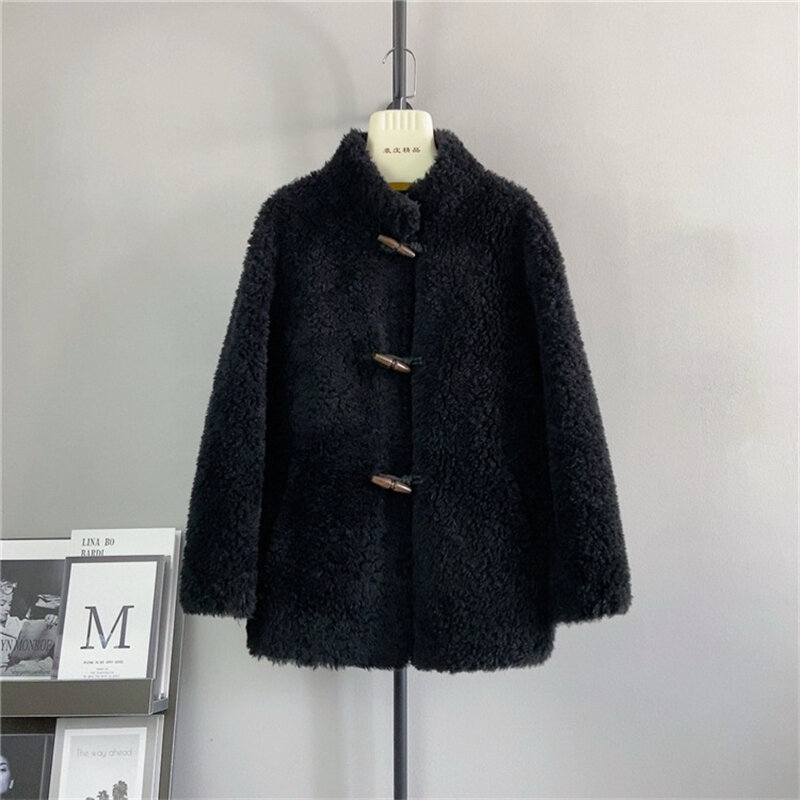 Jaqueta feminina de shearling de ovelha, casaco de inverno de botão croco, moda alta qualidade, lã real espessada, quente, PT437