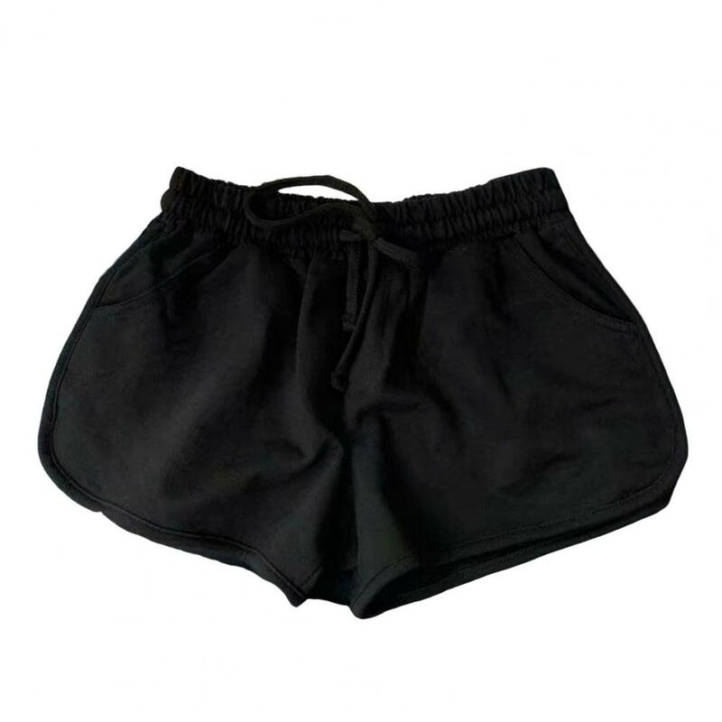 Shorts elegantes de coxa para mulheres, cintura de cordão, bolsos laterais, monocromáticos, praia, esporte, ioga, casual, verão