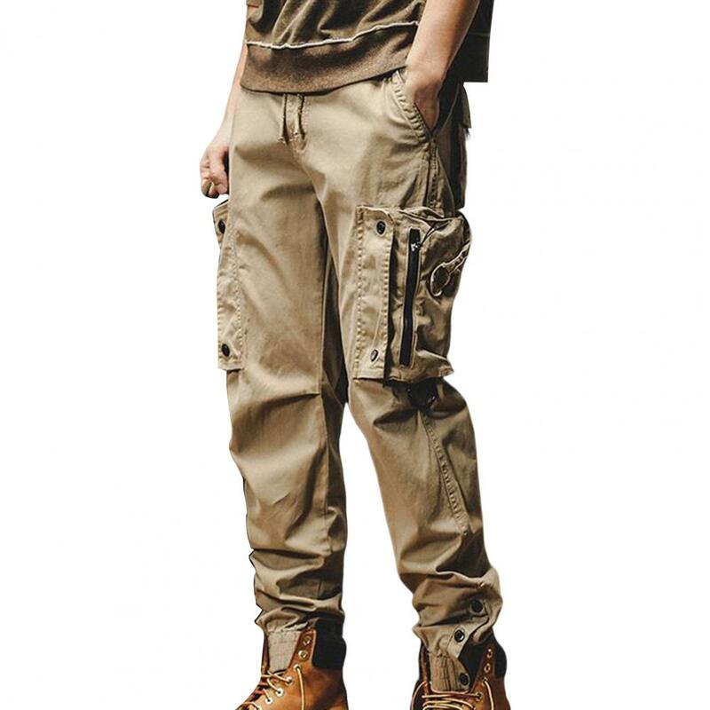Pantalones Cargo de costura fina para hombre, pantalones elegantes con cordón en la cintura elástica, diseño multibolsillos para Hip Hop, largos