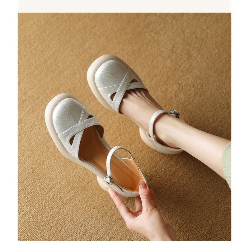 Sandálias de couro genuíno grosso para mulheres, sapato oco de salto alto, faixa de um botão retrô versátil, novo, verão
