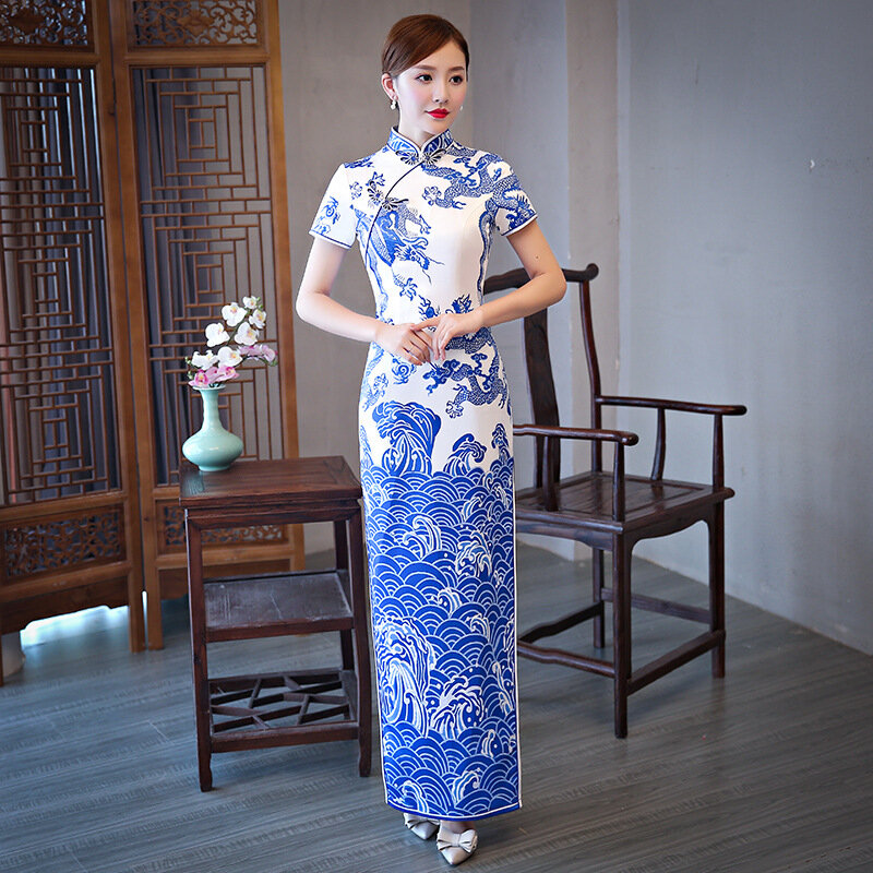 Qipao-Vestido largo de satén con bordado de lentejuelas de lujo, elegante, Sexy, ajustado, a la moda