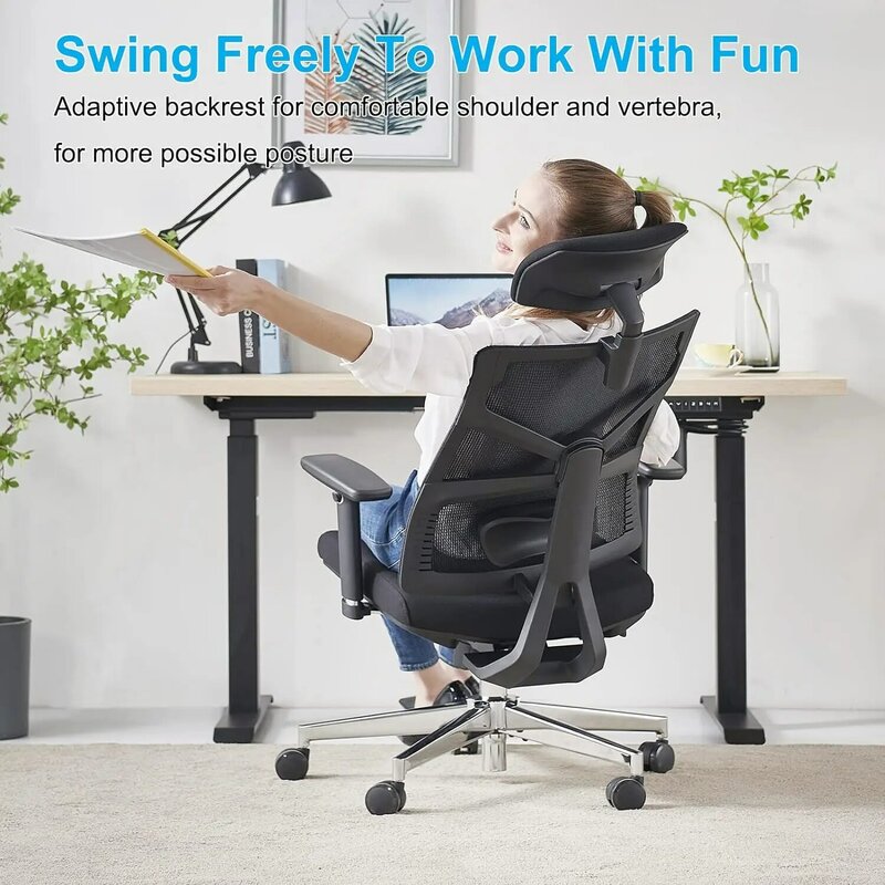Sedia da ufficio ergonomica con schienale adattivo, sedia da scrivania per Computer con schienale alto con braccioli 4D, profondità del sedile regolabile, lombare