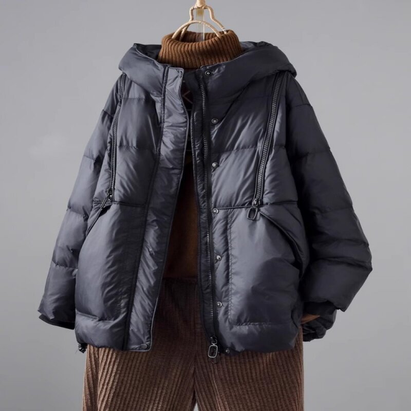 Новинка 2023, зимняя модная свободная утепленная куртка средней длины на белом утином пуху с капюшоном, высококачественный Повседневный пуховик, Женское пальто