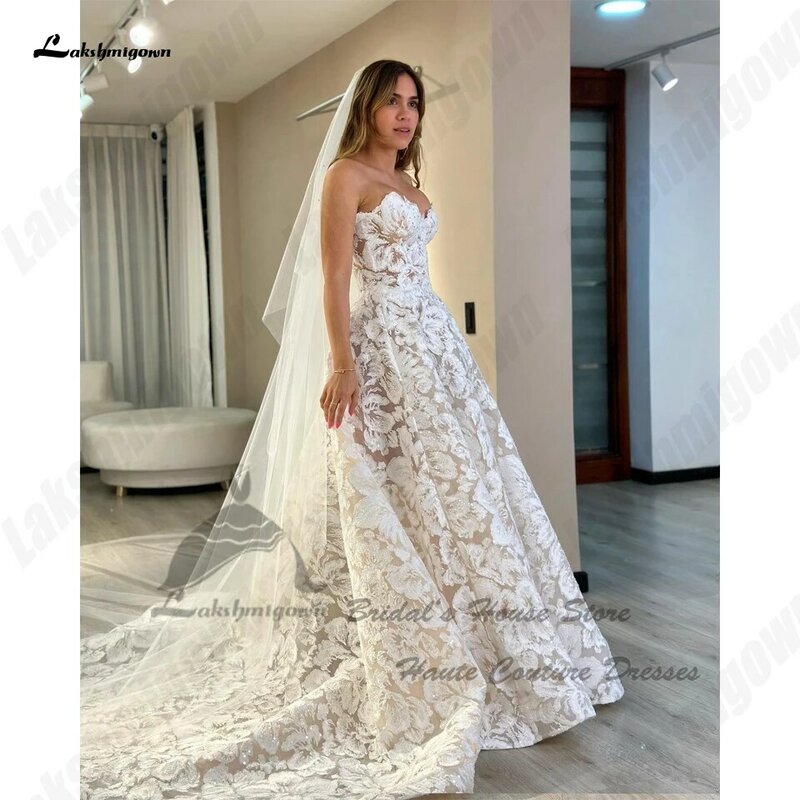 Lakshmitown luksusowe koronki Boho weselny suknie bez szaty na ramiona Mariee 2024 błyszczące kościelne sukienki ślubne z szampanem kochanie