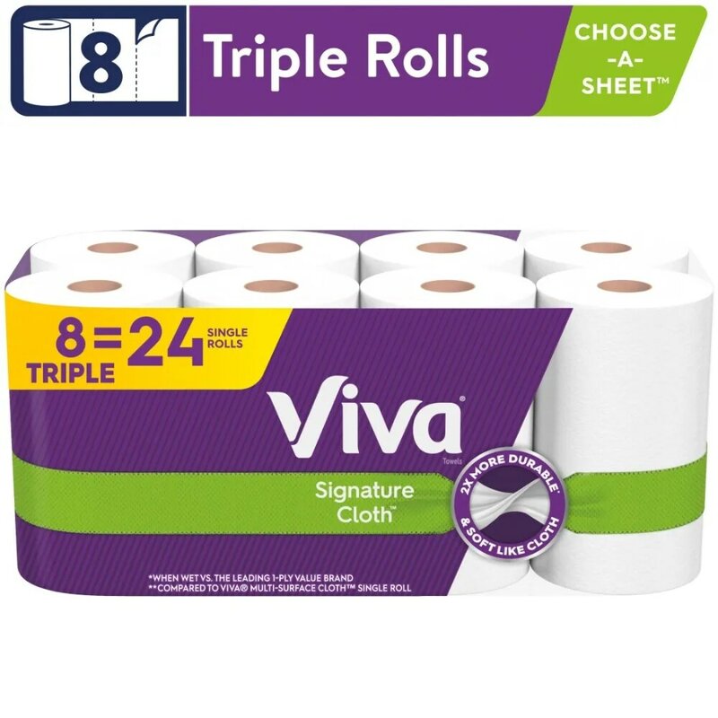 Handuk kertas kain khas Viva, 8 gulungan tiga kali lipat