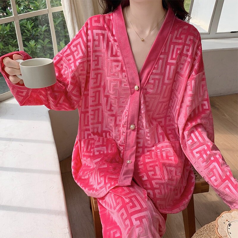 セクシーなピンクの女性用パジャマ,2ピース,家庭用カジュアルウェア,ジャカードシャツとパンツ,パジャマ