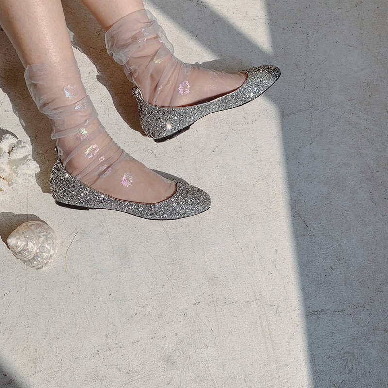 Calze a rete con fiori di moda in Chiffon lucido da donna trasparenti calze in Tulle di Nylon per calze