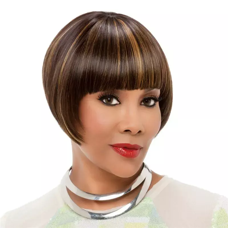 Wig bob pendek untuk wanita wig lurus coklat ombre rambut serat sintetis 28cm warna campuran